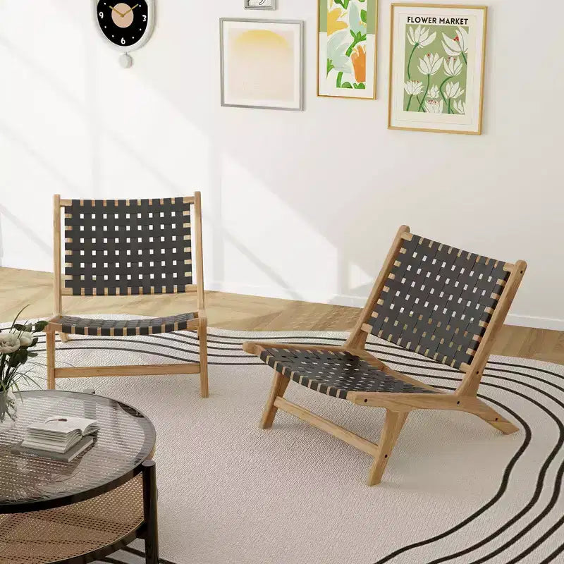Modern Teak Wood Lounge Chair with Nylon Woven Backrest & Seat Comfy Reading Chair Brown/Black