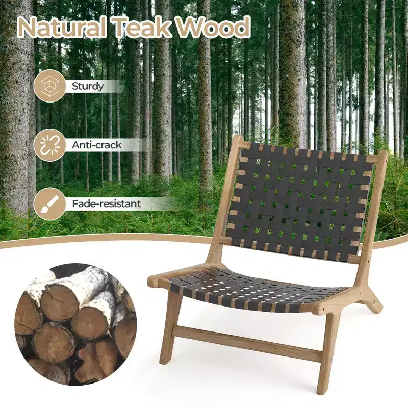 Modern Teak Wood Lounge Chair with Nylon Woven Backrest & Seat Comfy Reading Chair Brown/Black