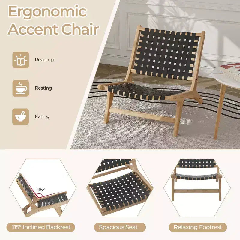 Modern Teak Wood Lounge Chair with Nylon Woven Backrest & Seat Comfy Reading Chair Brown/Black