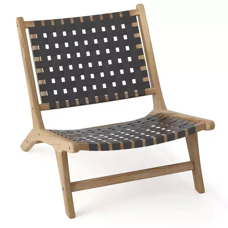 Costway Modern Teak Wood Lounge Chair with Nylon Woven Backrest & Seat Comfy Reading Chair Brown/Black