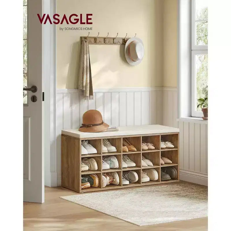 Shoe Rack Bench with Cushion & 15 Storage Compartments