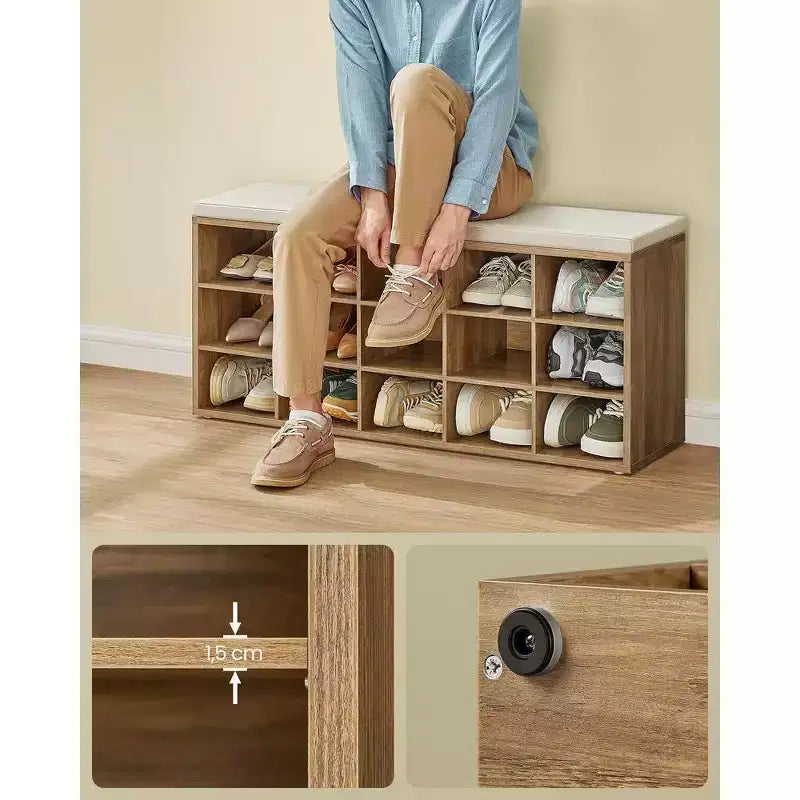 Shoe Rack Bench with Cushion & 15 Storage Compartments