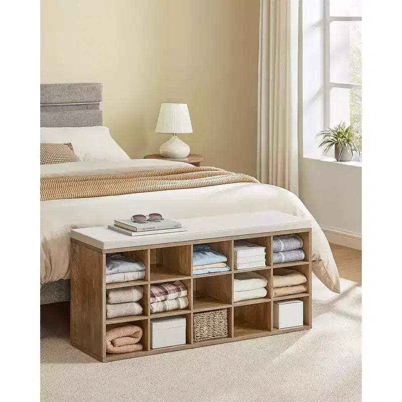Shoe Rack Bench with Cushion & 15 Storage Compartments