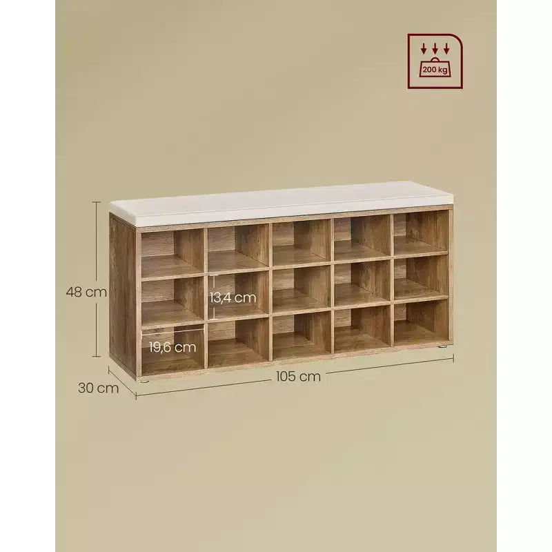 Shoe Rack Bench with Cushion & 15 Storage Compartments