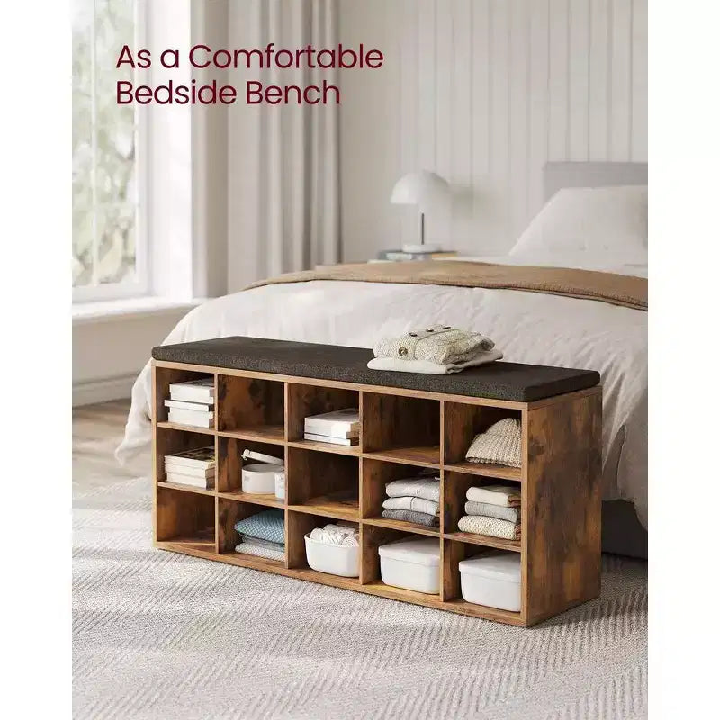 Shoe Rack Bench with Cushion & 15 Storage Compartments