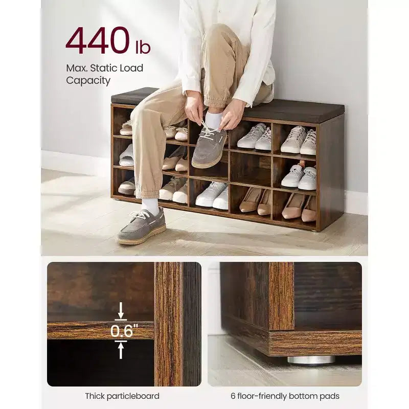 Shoe Rack Bench with Cushion & 15 Storage Compartments