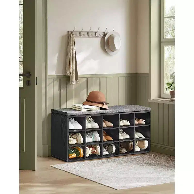 Shoe Rack Bench with Cushion & 15 Storage Compartments