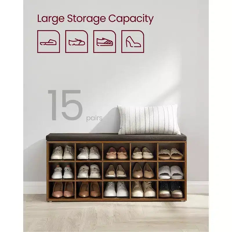Shoe Rack Bench with Cushion & 15 Storage Compartments