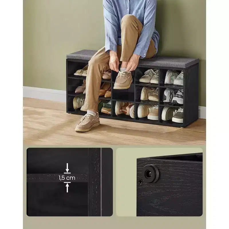 Shoe Rack Bench with Cushion & 15 Storage Compartments