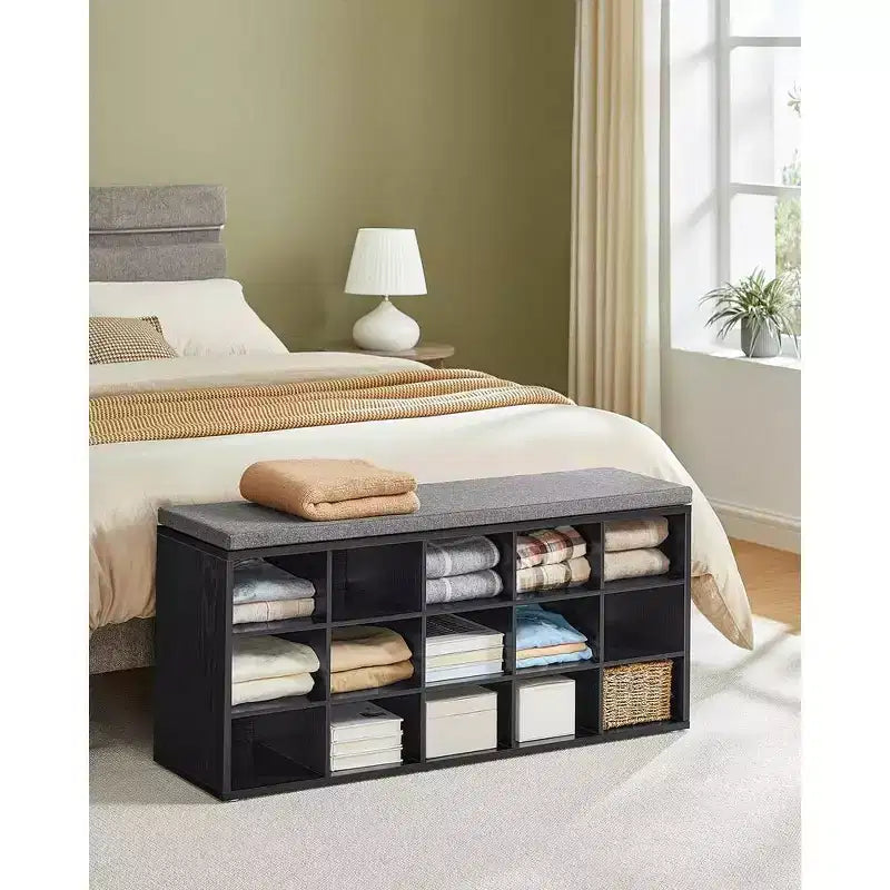 Shoe Rack Bench with Cushion & 15 Storage Compartments