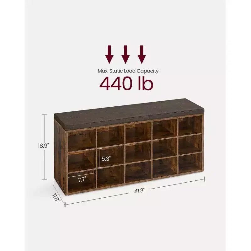Shoe Rack Bench with Cushion & 15 Storage Compartments