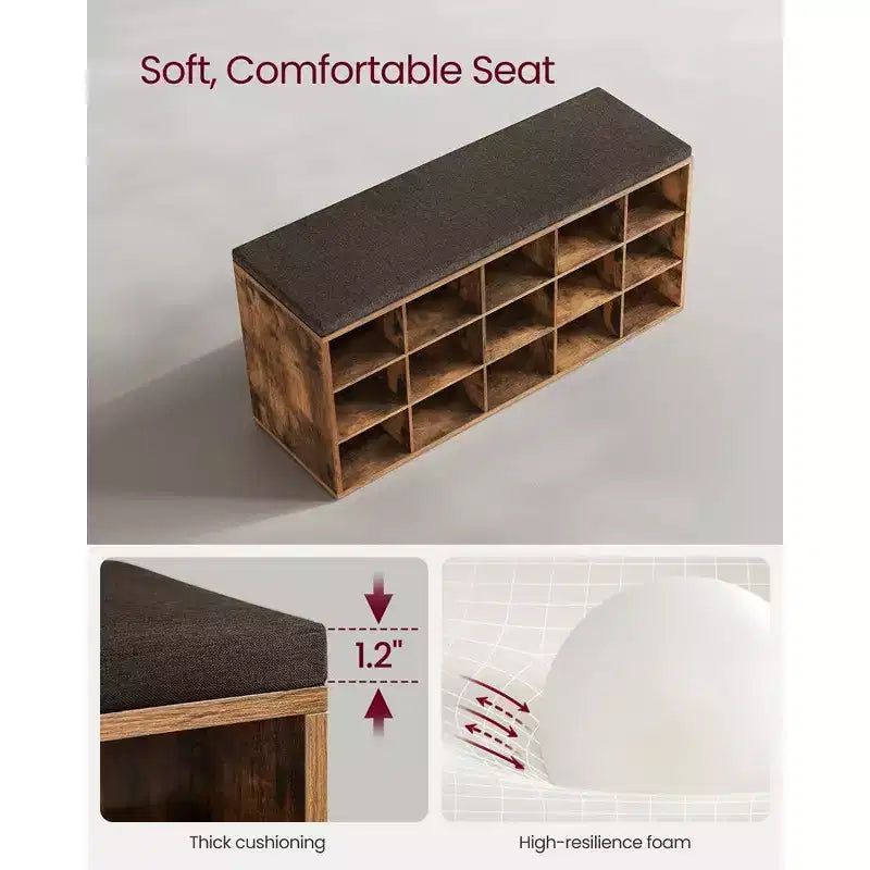 Shoe Rack Bench with Cushion & 15 Storage Compartments