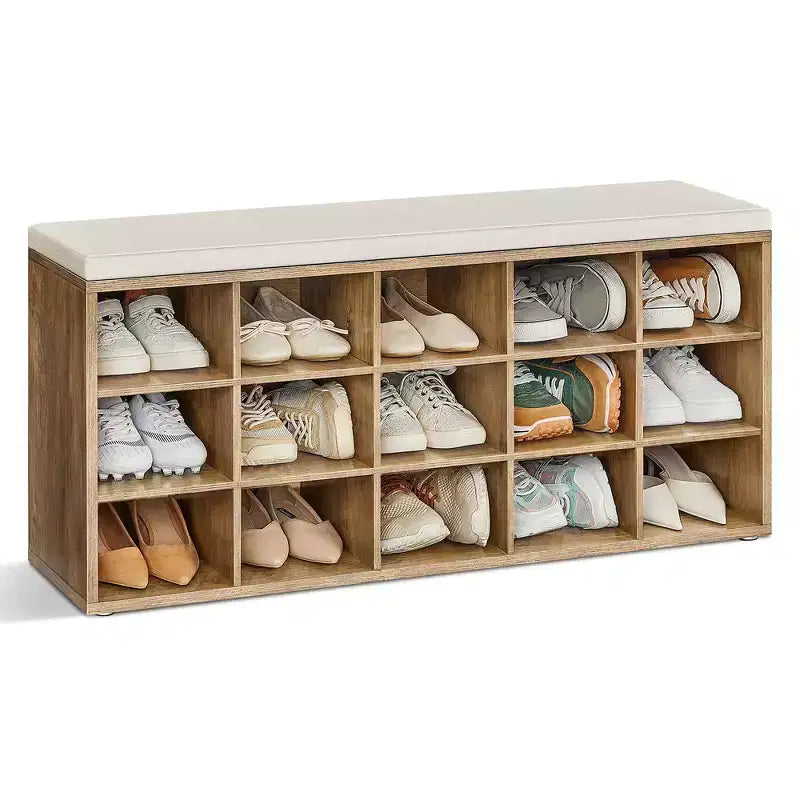 Shoe Rack Bench with Cushion & 15 Storage Compartments
