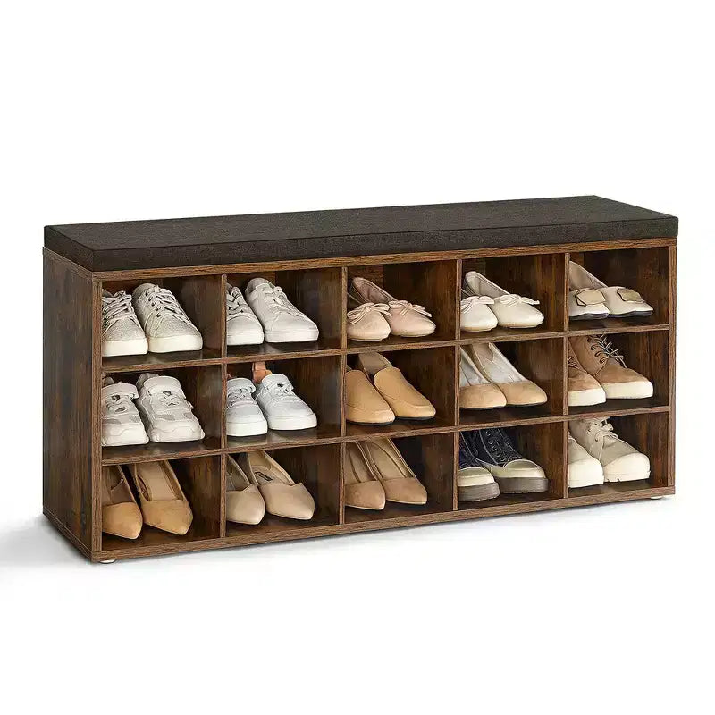 Shoe Rack Bench with Cushion & 15 Storage Compartments