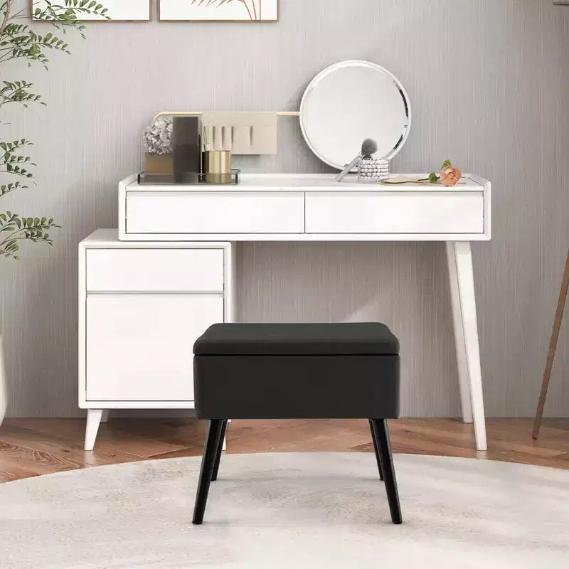 Velvet Vanity Stool Ottoman with Storage Solid Wood Legs Flip-Up Top for Entryway
