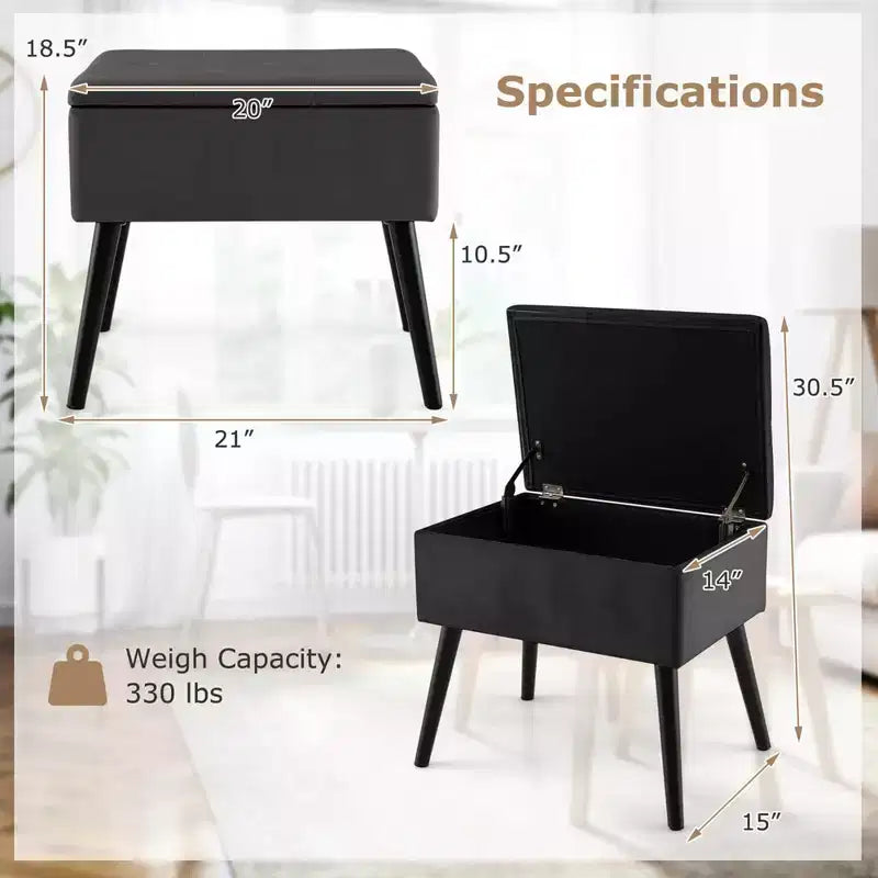 Velvet Vanity Stool Ottoman with Storage Solid Wood Legs Flip-Up Top for Entryway