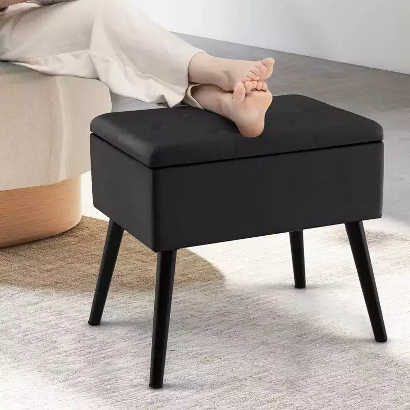 Velvet Vanity Stool Ottoman with Storage Solid Wood Legs Flip-Up Top for Entryway