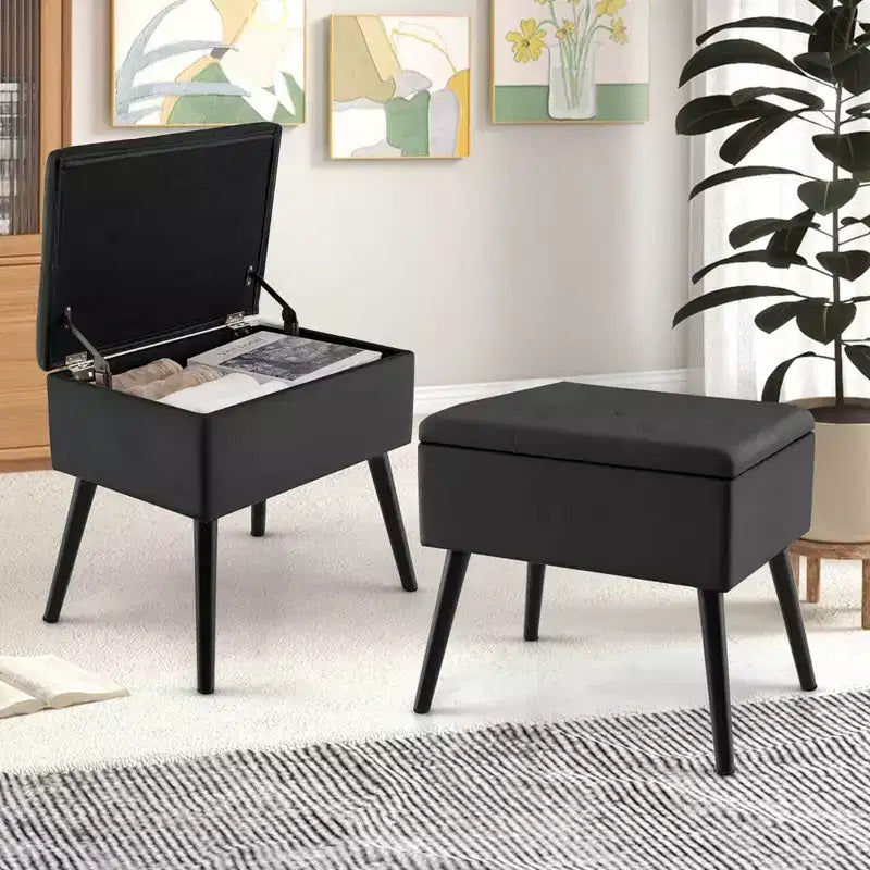 Velvet Vanity Stool Ottoman with Storage Solid Wood Legs Flip-Up Top for Entryway