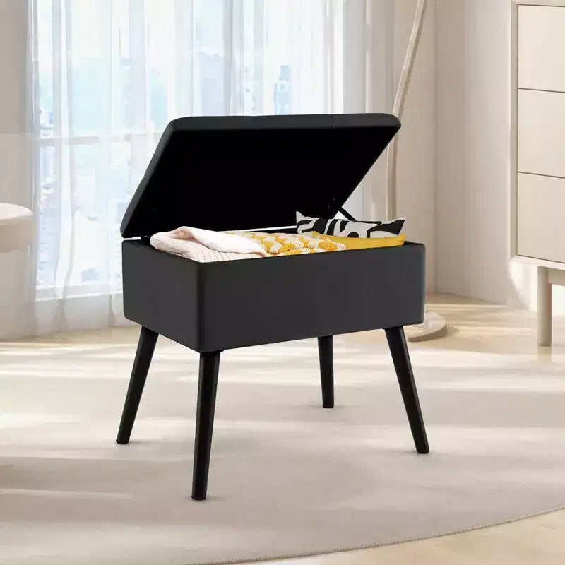 Velvet Vanity Stool Ottoman with Storage Solid Wood Legs Flip-Up Top for Entryway
