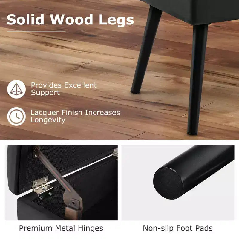 Velvet Vanity Stool Ottoman with Storage Solid Wood Legs Flip-Up Top for Entryway