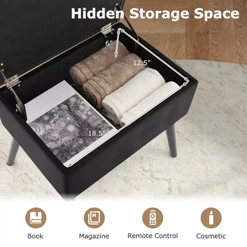 Velvet Vanity Stool Ottoman with Storage Solid Wood Legs Flip-Up Top for Entryway