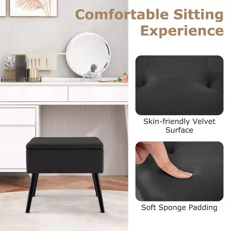Velvet Vanity Stool Ottoman with Storage Solid Wood Legs Flip-Up Top for Entryway