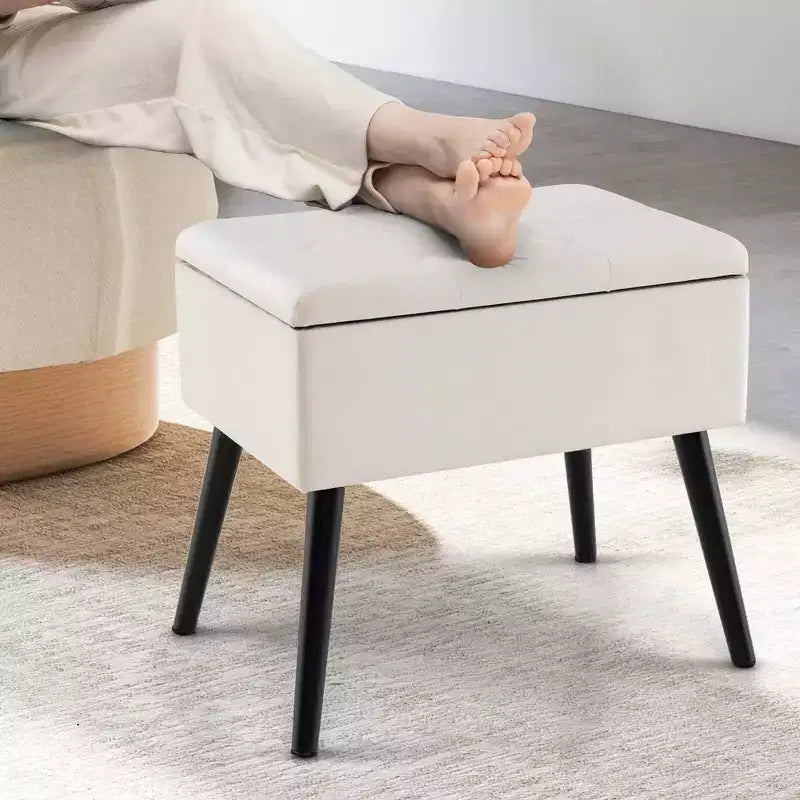 Velvet Vanity Stool Ottoman with Storage Solid Wood Legs Flip-Up Top for Entryway