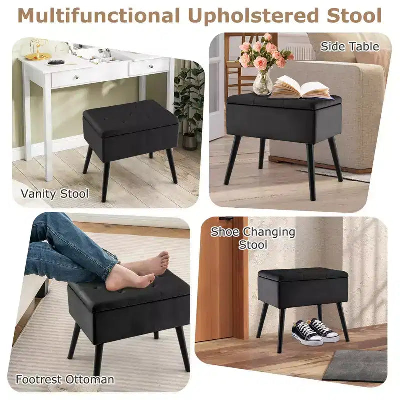 Velvet Vanity Stool Ottoman with Storage Solid Wood Legs Flip-Up Top for Entryway