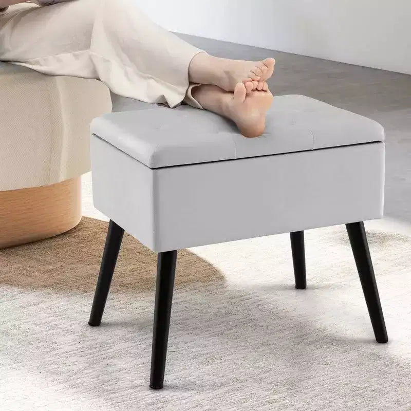 Velvet Vanity Stool Ottoman with Storage Solid Wood Legs Flip-Up Top for Entryway