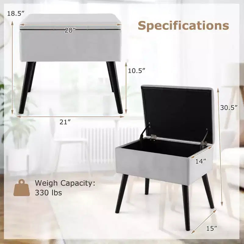 Velvet Vanity Stool Ottoman with Storage Solid Wood Legs Flip-Up Top for Entryway