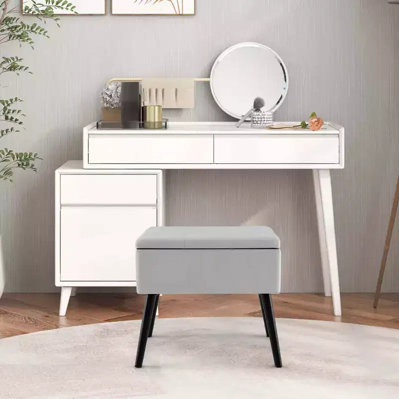 Velvet Vanity Stool Ottoman with Storage Solid Wood Legs Flip-Up Top for Entryway