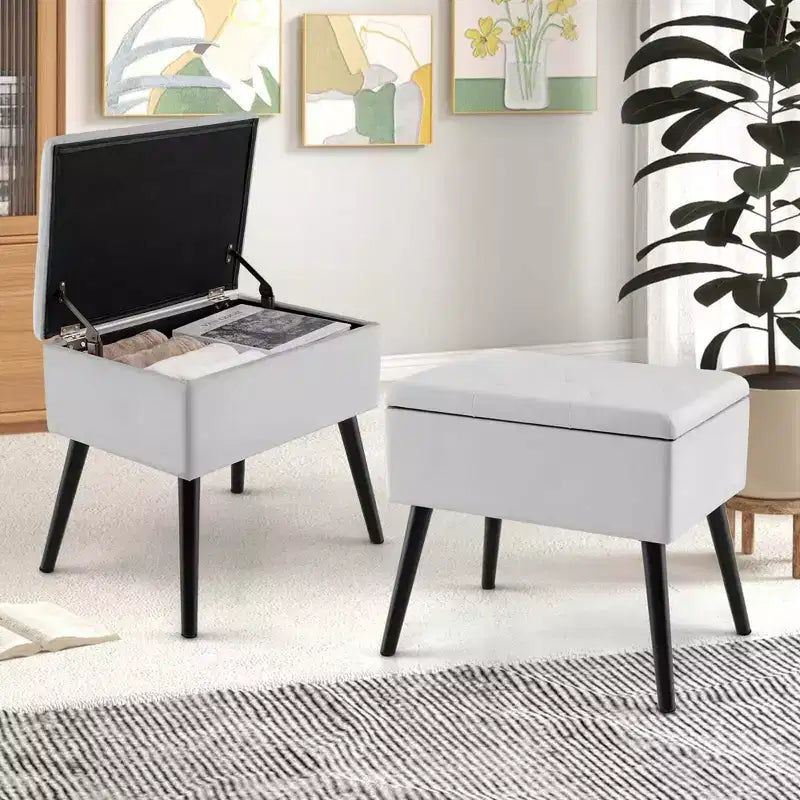 Velvet Vanity Stool Ottoman with Storage Solid Wood Legs Flip-Up Top for Entryway