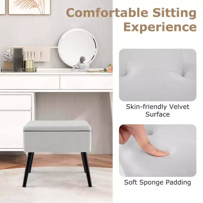 Velvet Vanity Stool Ottoman with Storage Solid Wood Legs Flip-Up Top for Entryway