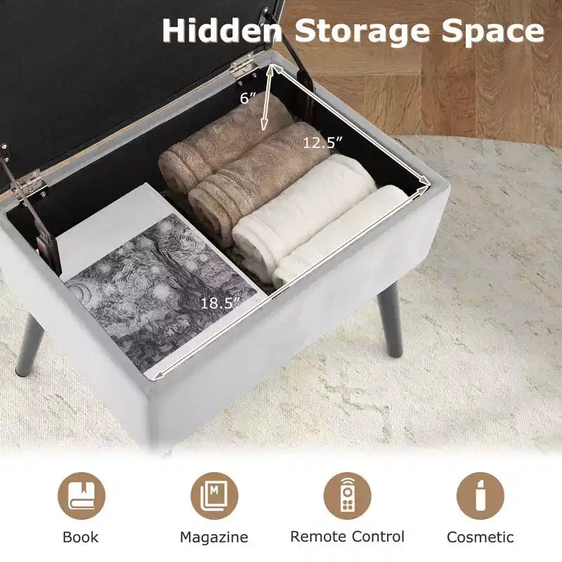 Velvet Vanity Stool Ottoman with Storage Solid Wood Legs Flip-Up Top for Entryway