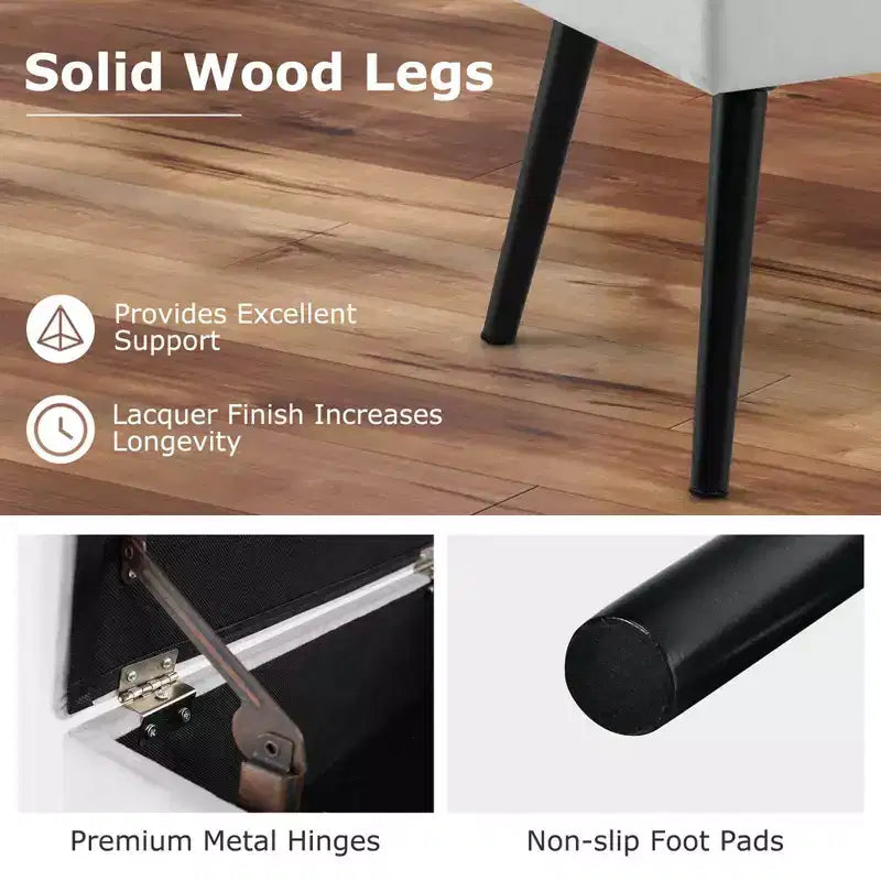 Velvet Vanity Stool Ottoman with Storage Solid Wood Legs Flip-Up Top for Entryway