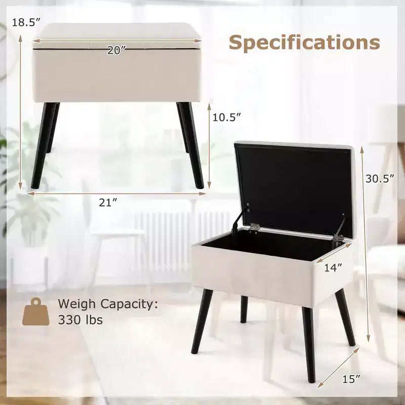Velvet Vanity Stool Ottoman with Storage Solid Wood Legs Flip-Up Top for Entryway