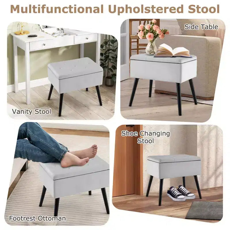 Velvet Vanity Stool Ottoman with Storage Solid Wood Legs Flip-Up Top for Entryway