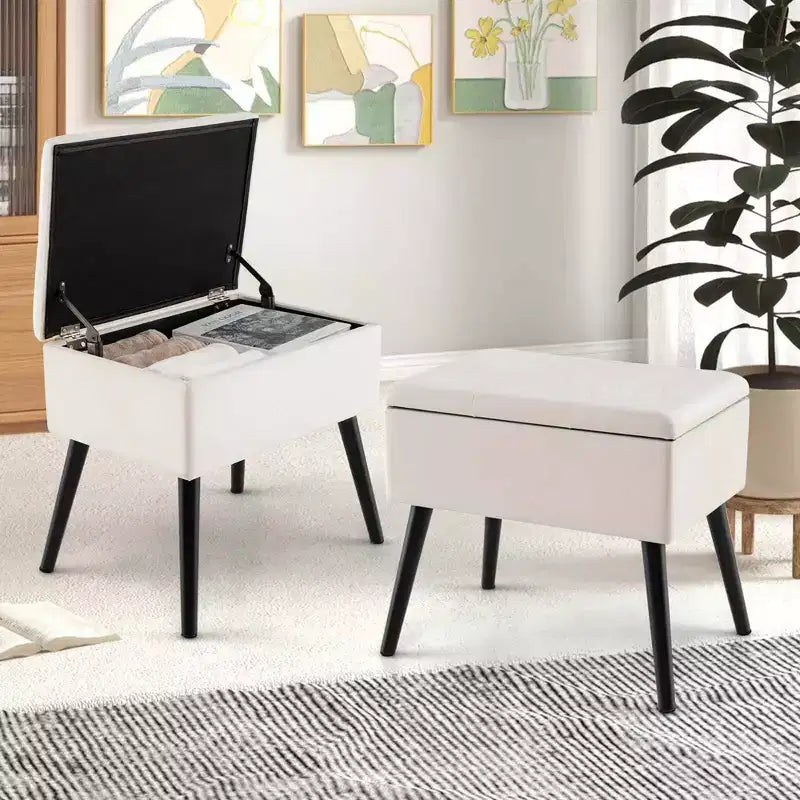 Velvet Vanity Stool Ottoman with Storage Solid Wood Legs Flip-Up Top for Entryway