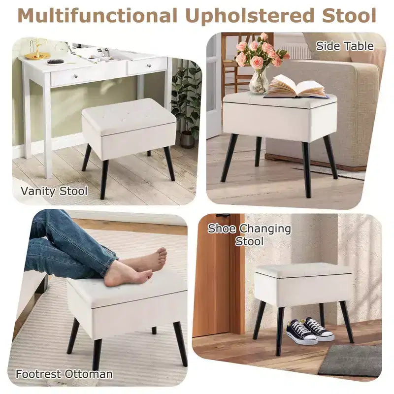 Velvet Vanity Stool Ottoman with Storage Solid Wood Legs Flip-Up Top for Entryway