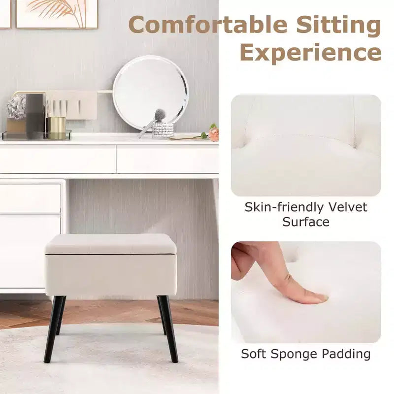 Velvet Vanity Stool Ottoman with Storage Solid Wood Legs Flip-Up Top for Entryway