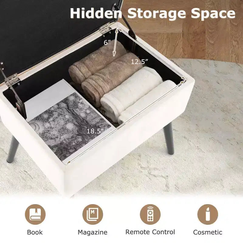 Velvet Vanity Stool Ottoman with Storage Solid Wood Legs Flip-Up Top for Entryway