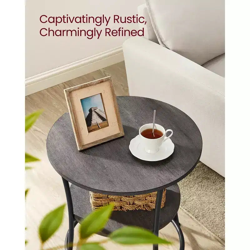 Round End Table with 2 Shelves, Nightstand with Steel Frame for Small Spaces