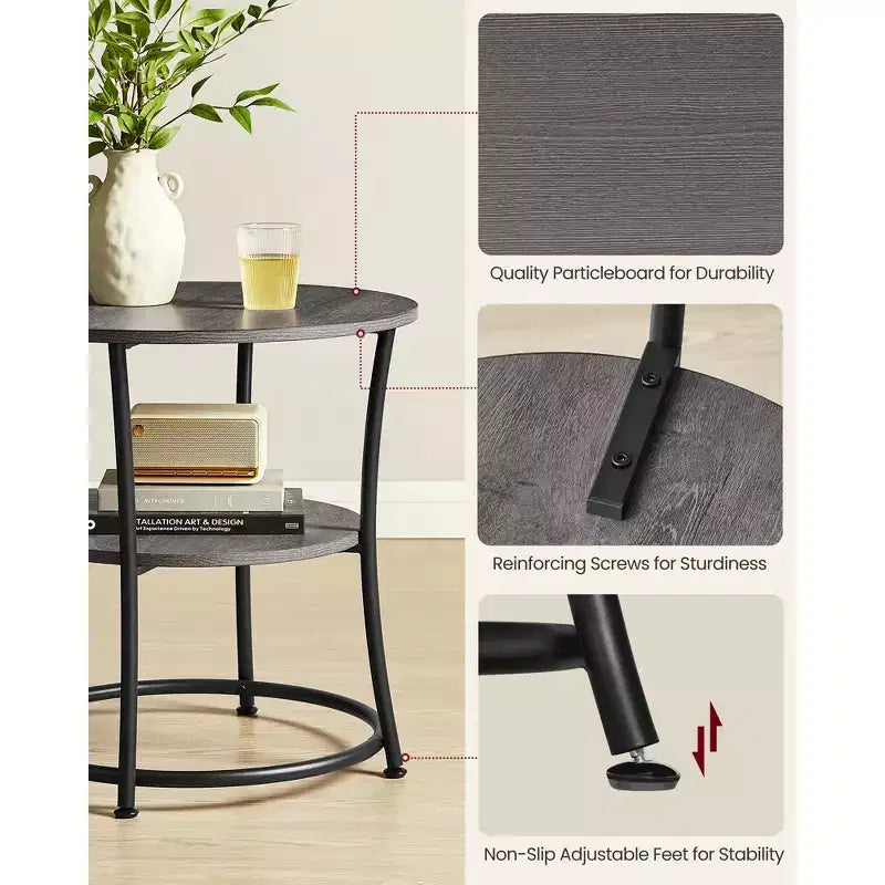 Round End Table with 2 Shelves, Nightstand with Steel Frame for Small Spaces