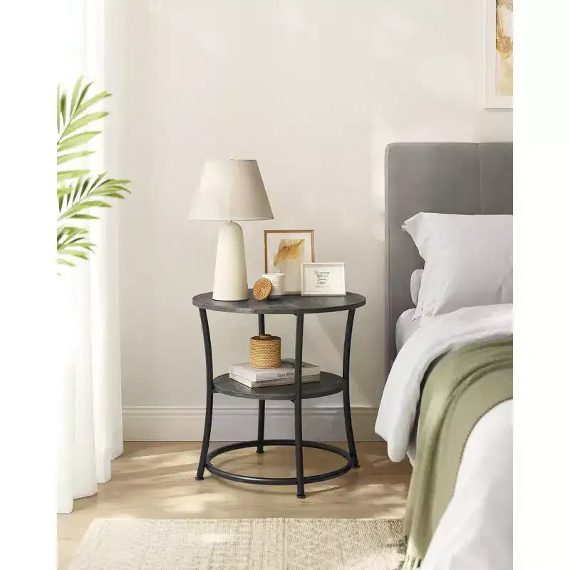 Round End Table with 2 Shelves, Nightstand with Steel Frame for Small Spaces
