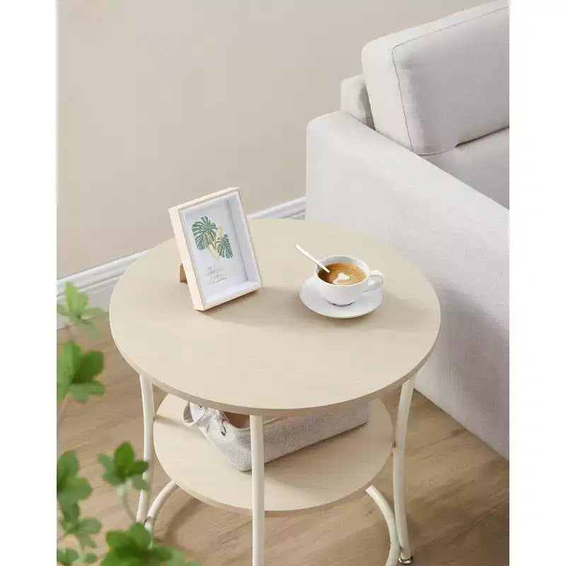 Round End Table with 2 Shelves, Nightstand with Steel Frame for Small Spaces