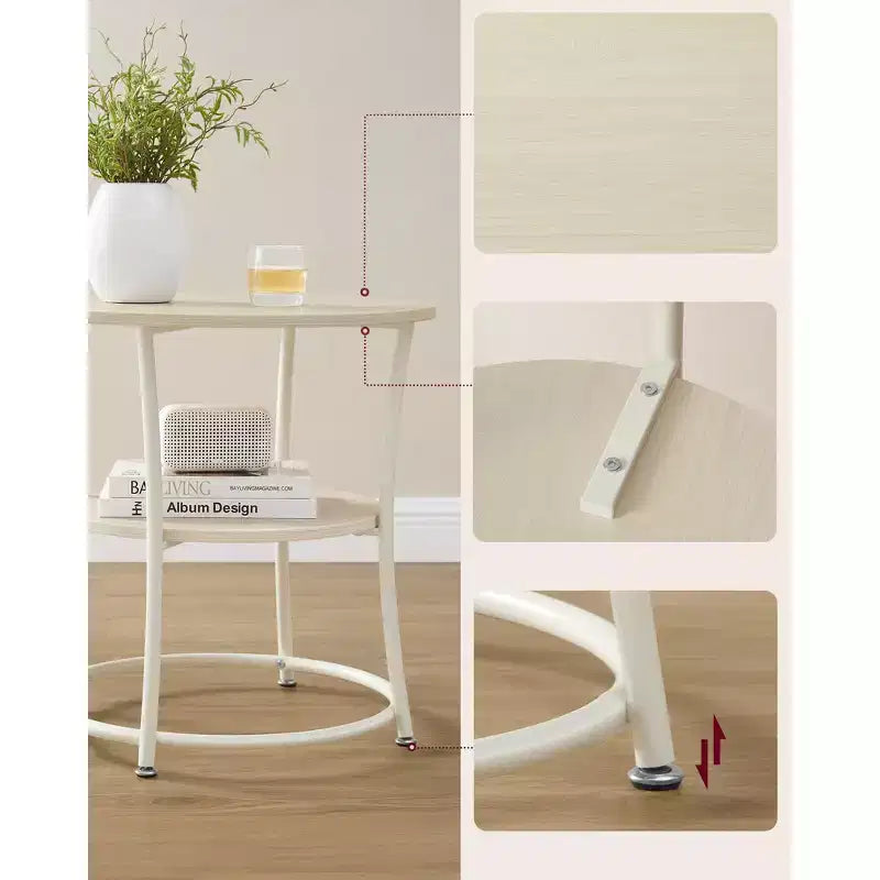 Round End Table with 2 Shelves, Nightstand with Steel Frame for Small Spaces