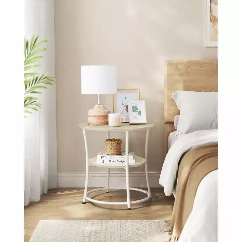 Round End Table with 2 Shelves, Nightstand with Steel Frame for Small Spaces