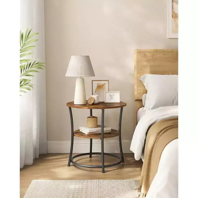 Round End Table with 2 Shelves, Nightstand with Steel Frame for Small Spaces