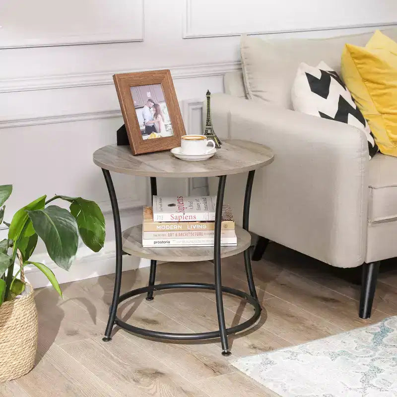 Round End Table with 2 Shelves, Nightstand with Steel Frame for Small Spaces