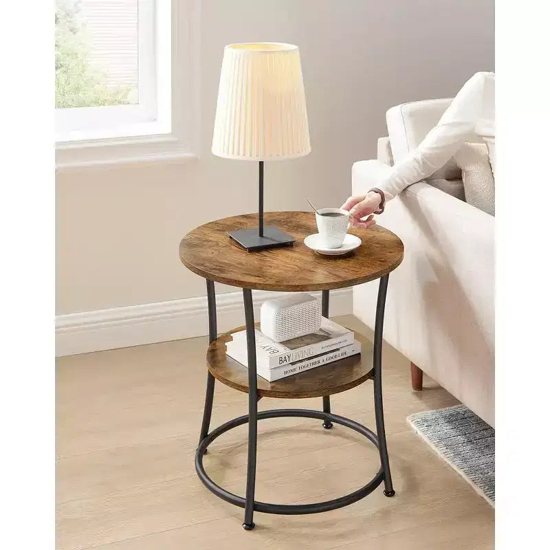 Round End Table with 2 Shelves, Nightstand with Steel Frame for Small Spaces